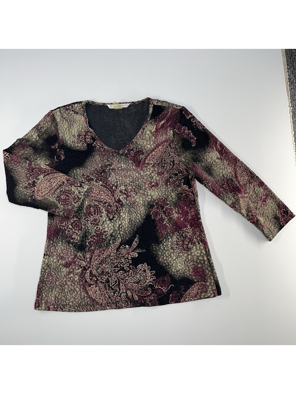 Peter Nygard Top Medium V Neck Paisley Burnout Stretch Blouse Black Burgundy